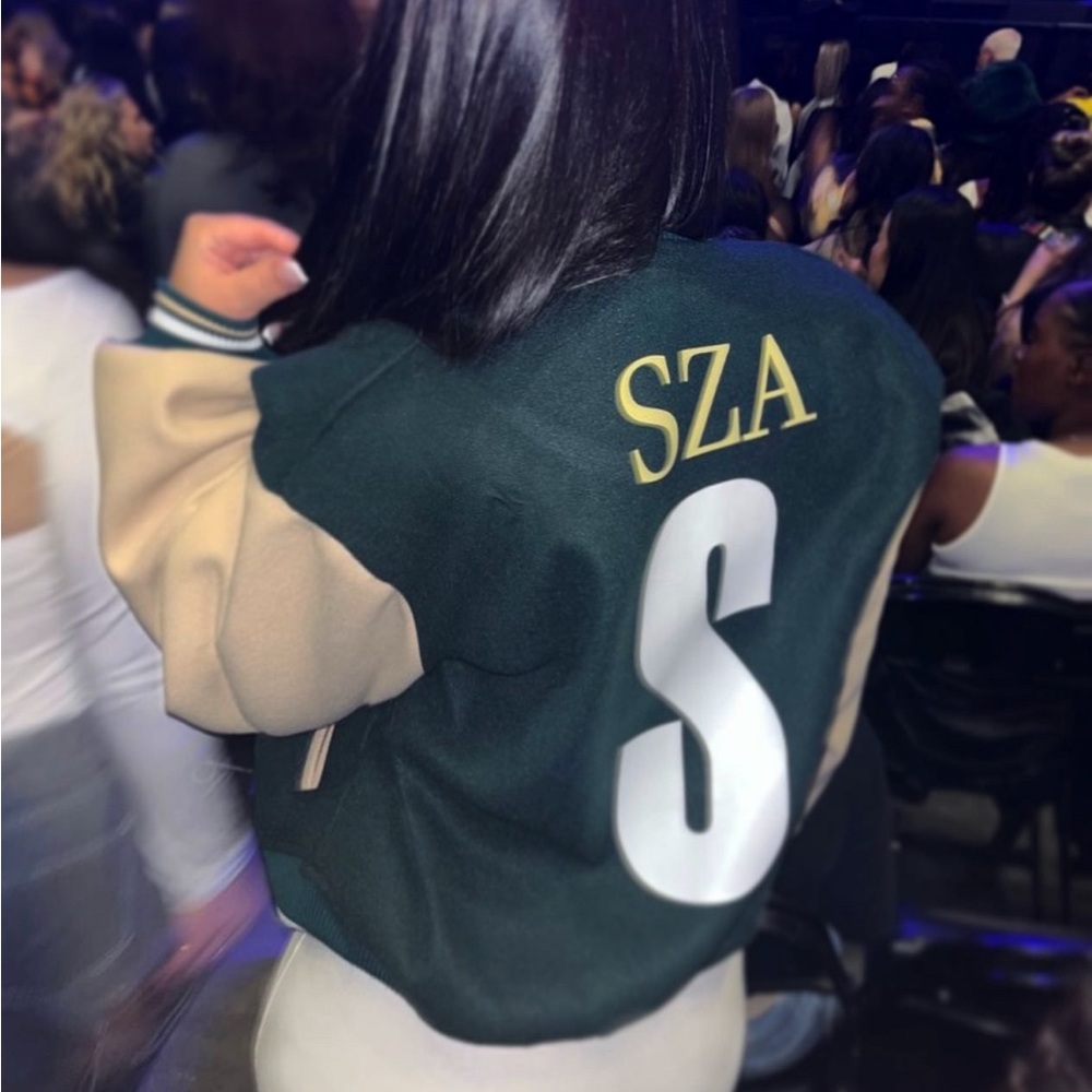 Customized SZA Green and Tan Varsity Jacket with LA Patch